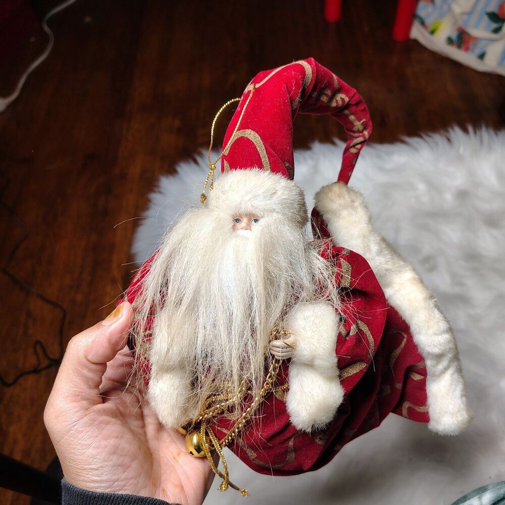 Red Velvet Santa VTG Fluffy Long Beard Ornament